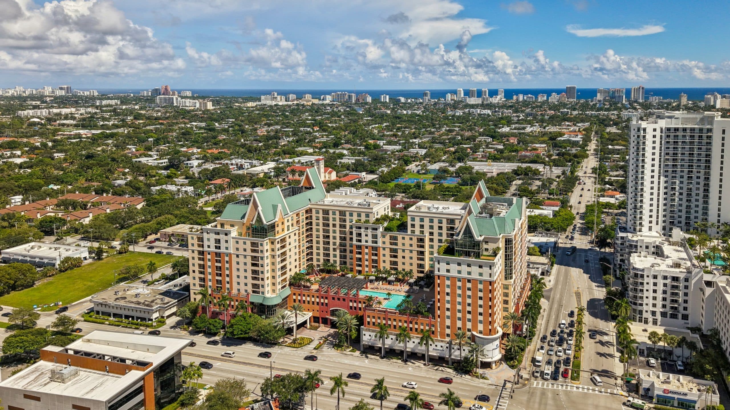 Wide aerial toward the beach at The Waverly at Las Olas