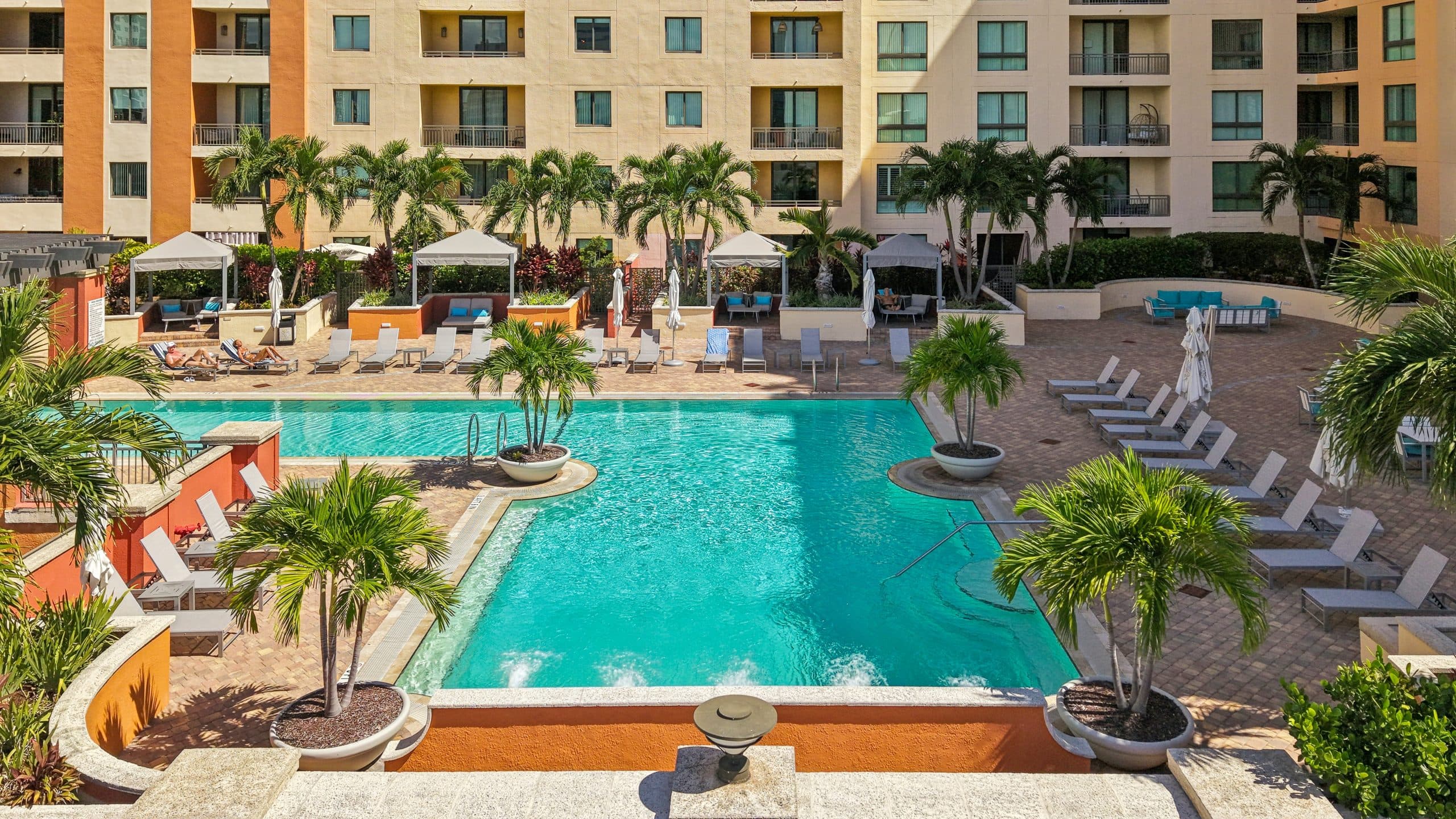 Pool deck with cabanas at The Waverly at Las Olas