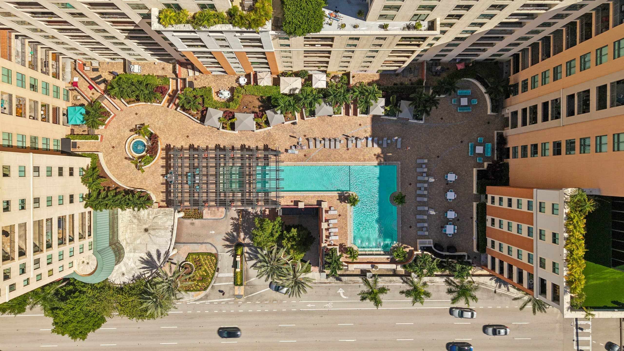 Top-down view of the pool deck at The Waverly at Las Olas